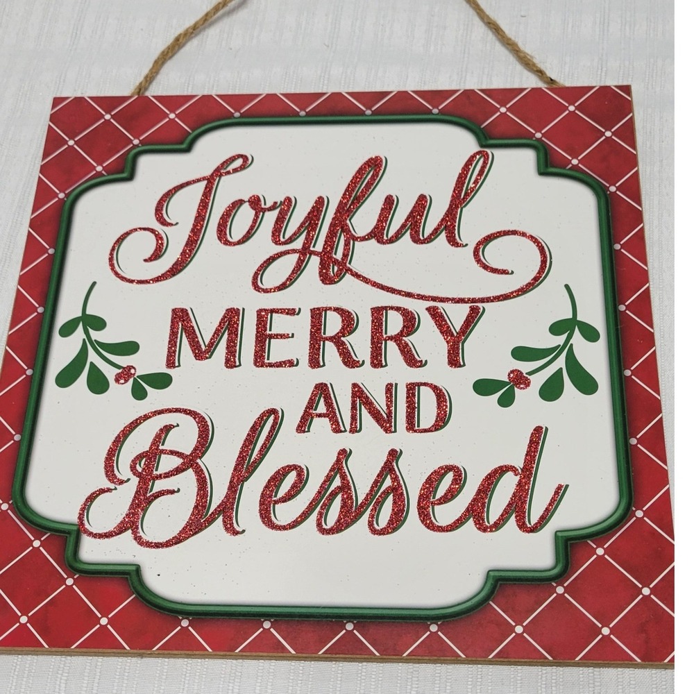 Joyful Merry and Blessed Christmas Wall Sign Wreath Attachment Red Glitter